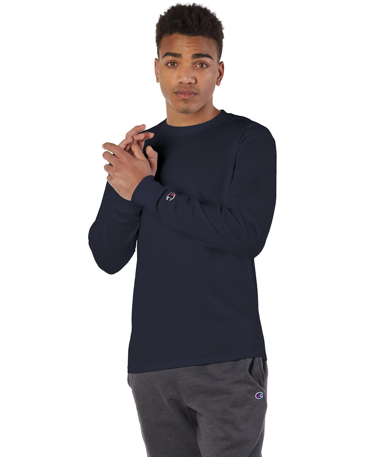 Champion CC8C Adult Taped Crewneck Long Sleeve C Logo Stylish Plain T-Shirt - Picture 9 of 13